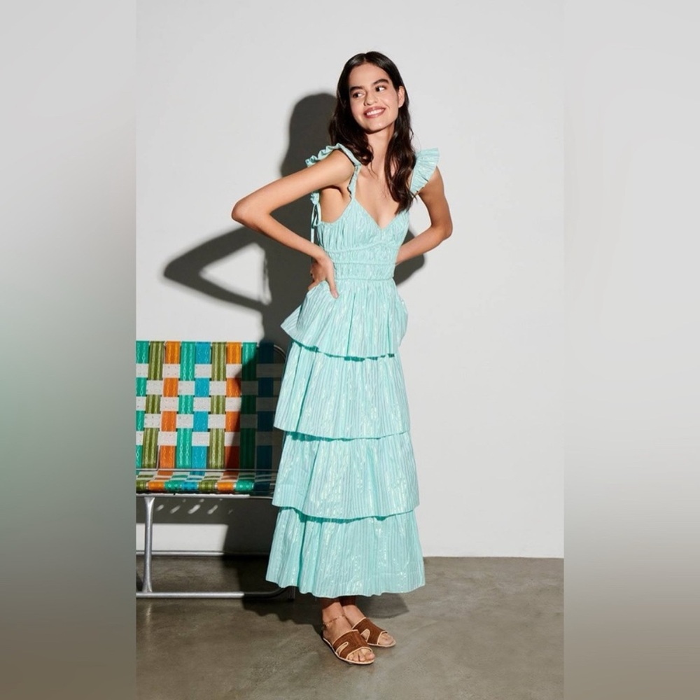 SAYLOR Blue Green Ruffled Tiered Midi Dress
